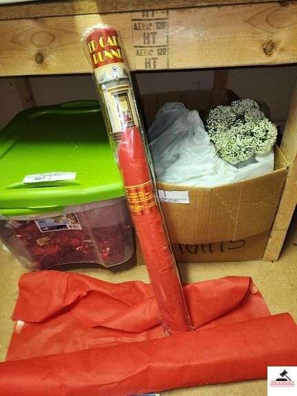 VALENTINE'S DAY/WEDDING/NEW YEARS' DECORATIONS-TABLE ARRANGEMENT, RED HEART HANGERS- ARTIFICIAL BABY'S BREATH- (2) BLACK/GOLD LANTERN BANNERS image