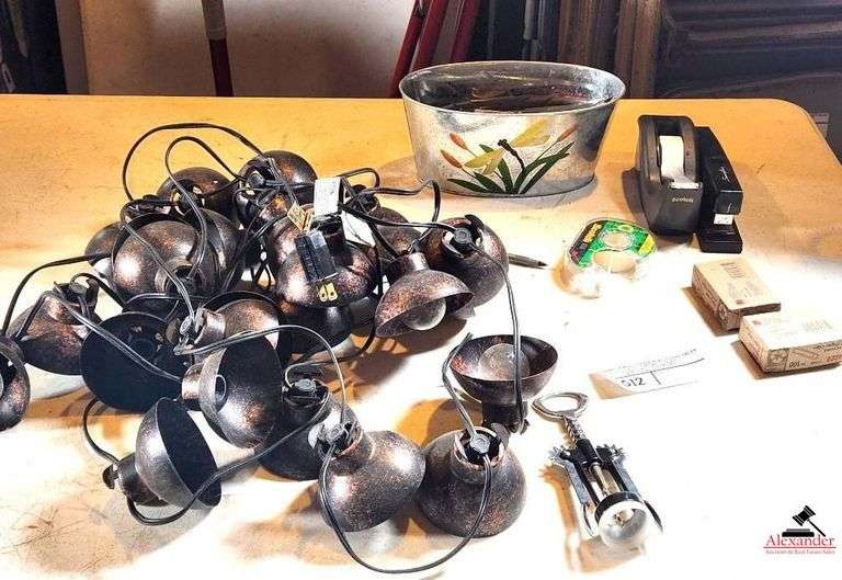 BRONZE STRING LIGHT - WINE BOTTLE OPENER - STAPLER - PENS & MISC - SHOT GLASS. - STAINLESS CAN OPENER image