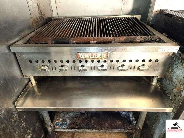VULCAN LOW PROFILE GAS CHAR-BROILER GRILL AND STAND-36"X28" , GRILL 21: X 32" INCLUDES GEMX CORPORATION STAINLESS WORK TABLE (GRILL SETTING ON) image