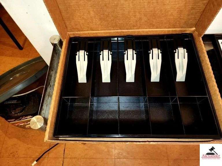 (2) CASH DRAWER TRAYS- (1) NEW IN BOX- (1) USED AND DAMAGED- UPSTAIRS KITCHEN image