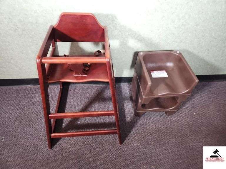 WOODEN CHILD'S HIGH CHAIR-MAHOGANY IN COLOR PLUS 2 PLASTIC BOOSTER SEATS DOWNSTAIRS image