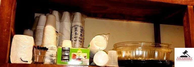 PARTY SUPPLIES- 10OZ STYROFOAM CUPS- PARTY TOOTHPICKS-(9) 50+/- 9oz CLEAR PLASTIC CUPS-BALL 1/2 PINT JARS W/ LIDS- (3) ROUND PLASTIC FOOD STORAGE CONTAINERS- WHITE PAPER NAPKINS-(300) 7OZ PLASTIC WHITE PAPER CUPS-UPSTAIRS KITCHEN AREA image