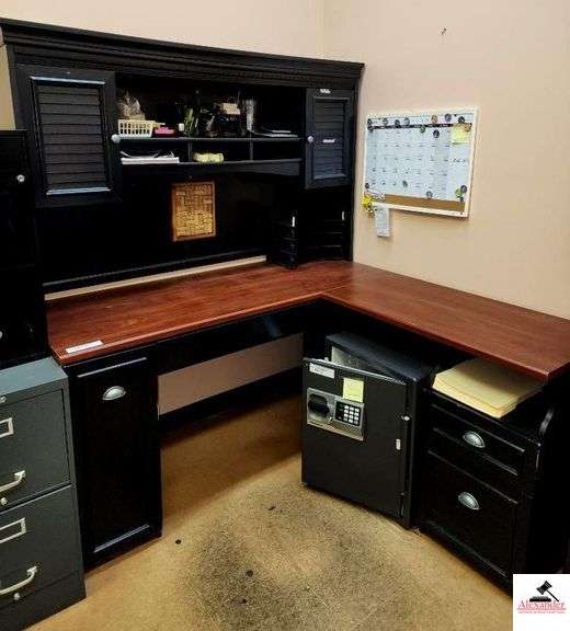 COMPUTER/OFFICE L-SHAPED DESK-BLACK AND BROWN WOOD FINISH-TOP CRADENZA-SHOWS WEAR AND SCRATCHES image