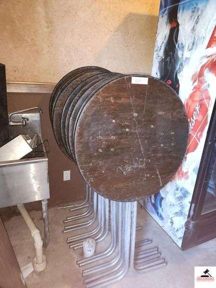 ROUND PLYWOOD TOP BAR TABLES-METAL TUBE LEGS ONE TABLE MISSING LEG- SHOW SOME WEAR-GAP SHED image