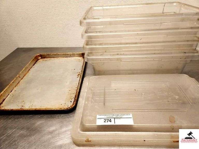 (4) RUBBERMAID CLEAR PLASTIC STORAGE CONTAINERS W/ LIDS- NEED WASHING- 3 ALUMINUM SKILLETS image