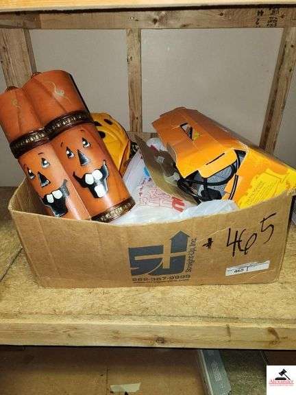 HALLOWEEN DECORATIONS- LIQUID FOG MACHINE W/ LIQUID FOG- WOOD PUMPKIN DOUBLE WINE BOTTLE HOLDER-BAT ANIMAL FACE MASK- STORAGE CLOSET TOP STAIRS - WITCHE SUIT -5 WAITRESS HEADBANDS - image