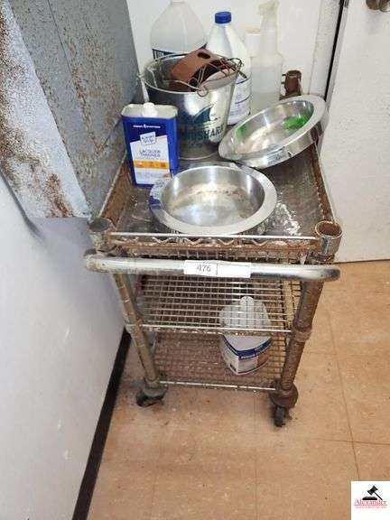 ROLLING SERVICE CART- SHOWS RUST- METAL BUCKET- (2) STAINLESS BOWLS- MISC CLEANERS image