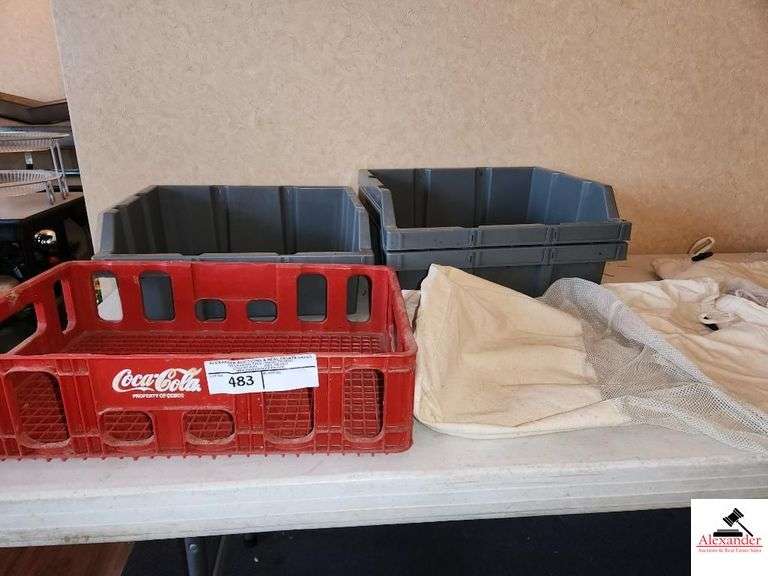 COCO-COLA PLASTIC CASE - 3  PLASTIC STORAGE TUBS -  3 CLOTH STORAGE BAGS image