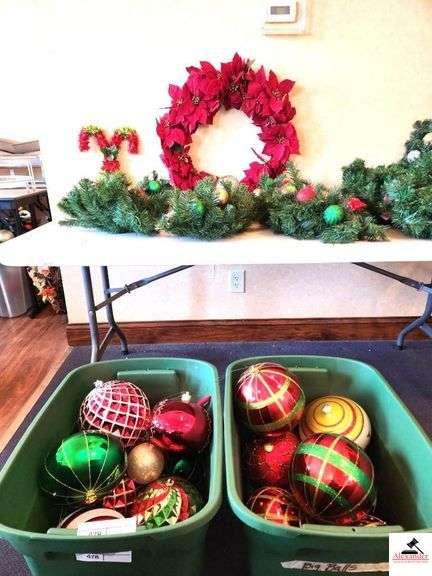 LARGE TUB OF CHRISTMAS ORNAMENTS- (13) LARGE PLASTIC BALLS- (7) CHRISTMAS WREATHS- DECORATIVE CANDY CANES UPSTAIRS DINING image