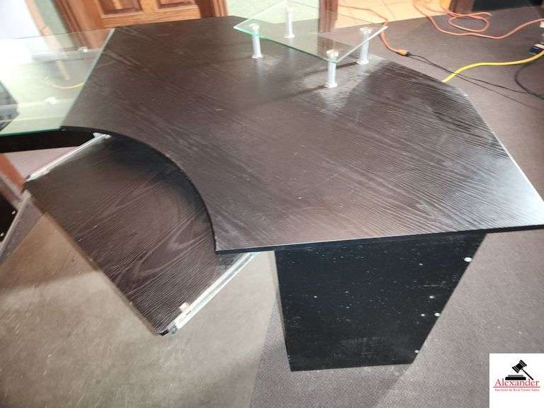 COMPUTER DESK-L SHAPED-W/ GLASS TOP  ON EACH END- UNDER DESK KEYBOARD TRAY image