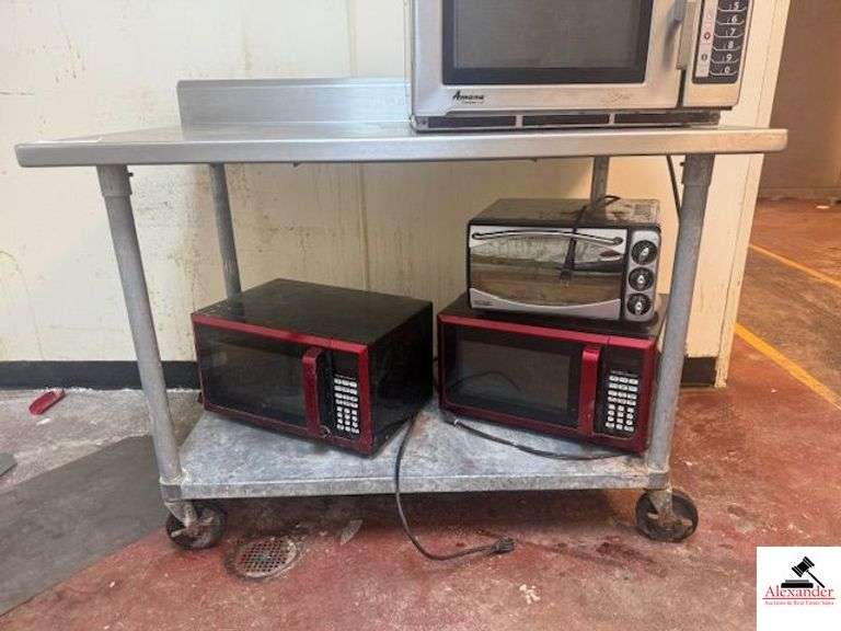 STAINLESS ROLLING PREP TABLE- 32"X 46"X 29"- GALVANIZED LOWER SHELF- MICROWAVES NOT INCLUDED image