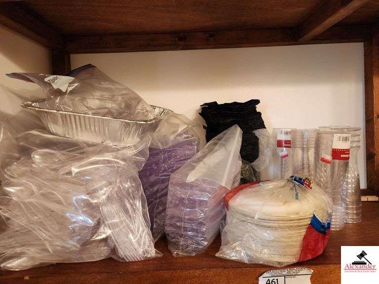 PLASTIC CUTLERY- FORKS, SPOONS, KNIVES-BLACK PAPER NAPKINS-BLACK PAPER DESSERT PLATES-(25) 6OZ PLASTIC WINE GLASSES-UPSTAIRS image