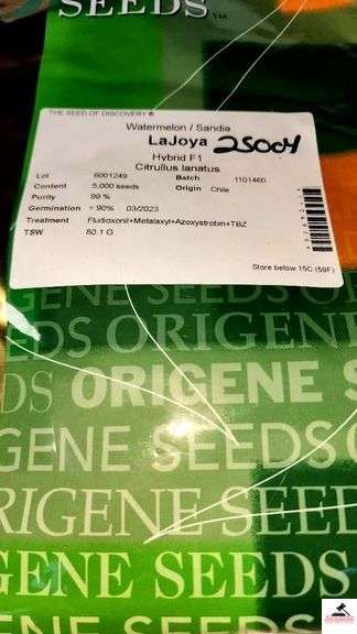 ORIGENE LAJOYA HYBRID F1 WATERMELON SEEDS - BATCH # 1101460 - LOT# 6001249 - 5,000 SEEDS - GERM 90% - GERM DATE 3/2023 - ORIGIN CHILE   - AVG. COST $261.94 PER THOUSAND - ASSET VALUE $1,309.70