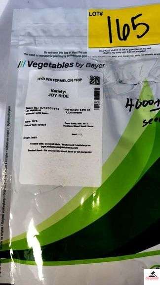 VEGETABLES BY BAYER JOYRIDE HYBRID WATERMELON SEEDS - BATCH # 0240509191 - LOT # 104858144 - 7,228 SEEDS PER LB - BAG OPENED AND TAPED BELIEVES TO BE 4,000 +/- SEEDS - GERM 96% - GERM DATE 2/2024- ORIGIN INDIA   - AVG. COST $221.28 PER THOUSAND - ASSET VALUE $885.12
