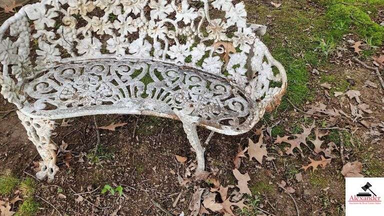 (2) WHITE WROUGHT IRON BENCHES - 36" WIDE - TWO LEGS BROKEN ON ONE - NEEDS REPAIR - (BEHIND SHED)