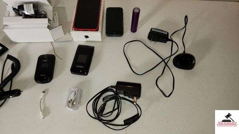 CELLPHONES AND PHONE CHARGERS - IPHONE HEAD PHONE CORD - (2) SMART PHONES - (2) FLIP PHONES, VERIZON LG, AICOTEL - POWERBANK ON THE GO CHARGER - (NE BEDROOM CLOSET)