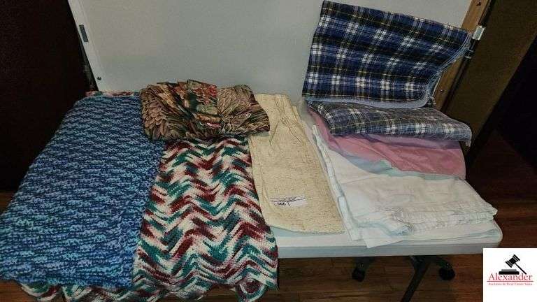 CROCHET AFGHAN - THROW - NEW CURTAIN PANEL - EXTRA CURTIAN PANELS - 3 PADS LIKE NEW - WHITE BLANKET - (MIDDLE BEDROOM CLOSET)