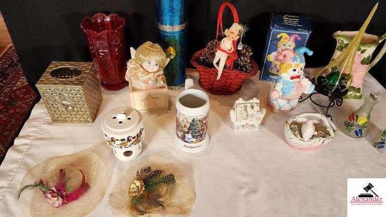 JESTER MUSICAL HANDPAINTED HANDCRAFTED CERAMIC ROATATING MUSIC BOX - SMALL BLOND HAIR DOLL MUSIC BOX MAY NOT PLAY - INSCENT HANDPAINTED DUCKS CHINA - UCAGO HANDPAINTED BIRD VASE - FIREPLACE MATCH BOX - BASKET DECORATIVE - MINI HATS - HANDPAINTED PITCHER BOTTOM MISSING - VINEGAR AND OIL CRUETS HANDPAINTED BOTTOMS BROKE ON ONE - HANDS WITH BIBLE VERSE - BUDWEISER SEASON GREETING CUPS - BASKETS - METAL TISSUE BOX - MISCELLANEOUS - (GREAT ROOM CABINETS)