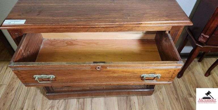 ANTIQUE DRESSER BASE - 39 1/2" WIDE X 18" DEEP X 33 1/2" TALL - THREE DRAWERS - BRASS PULLS  (MASTER BATH)