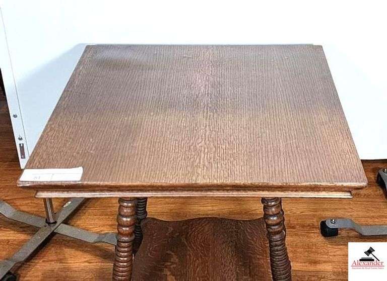 ANTIQUE OAK LAMP TABLE - 2 FT.  X 2 FT. - 4 TURNED LEGS - SOLID EXPANDER - 4 BRASS CLAW & BALL FEET - VENEER BUBBLED SLIGHTLY - ( GREAT ROOM)