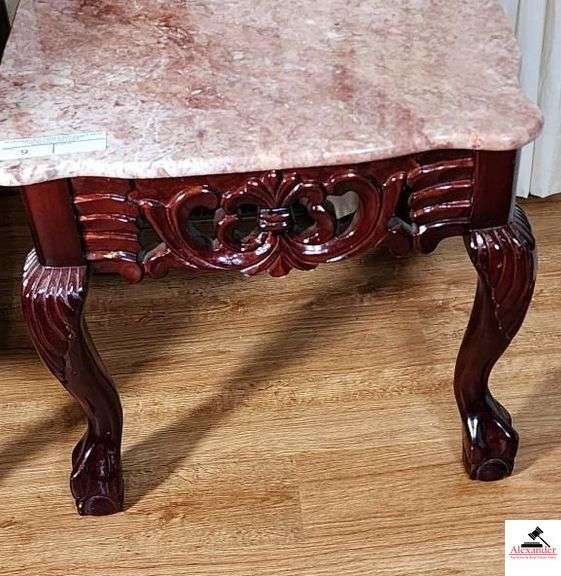 SIDE TABLE WITH PINK MARBLE TOP - ORNATE BASE  - BALL AND CLAW FEET - ROUND CORNERS, SCALLOPPED EDGES - CARVED OGG LEGS - 21 1/2" WIDE X 22 3/4" DEEP X 18" TALL - (GREAT ROOM)
