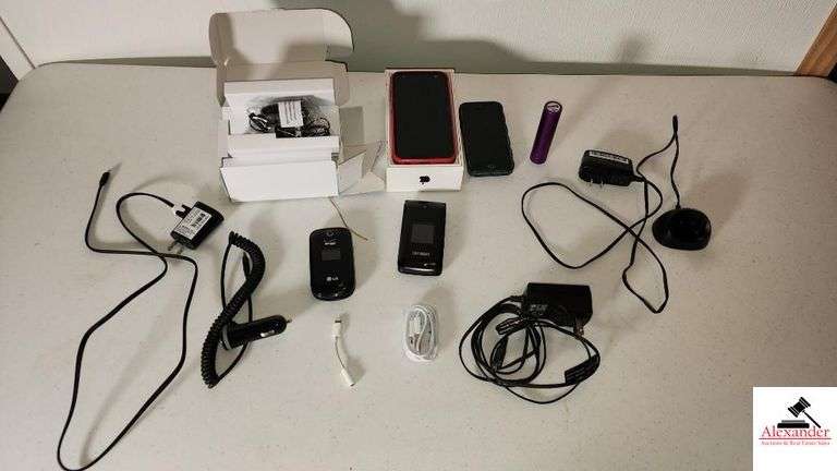 CELLPHONES AND PHONE CHARGERS - IPHONE HEAD PHONE CORD - (2) SMART PHONES - (2) FLIP PHONES, VERIZON LG, AICOTEL - POWERBANK ON THE GO CHARGER - (NE BEDROOM CLOSET)