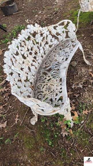 (2) WHITE WROUGHT IRON BENCHES - 36" WIDE - TWO LEGS BROKEN ON ONE - NEEDS REPAIR - (BEHIND SHED)