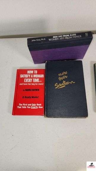 (4) BOOKS - MEN ARE FROM MARS WOMEN ARE FROM VENUS BY JOHN GRAY, PH.D. - HOW TO SATISFY A WOMAN EVERY TIME AND HAVE HER BED FOR MORE BY NAURA HAYDEN - MORE OVER SEXTEEN - BIG GREEN EGG WORLD'S BEST SMOKER - COOKBOOK AND MANUAL - (BOOK SHELF)