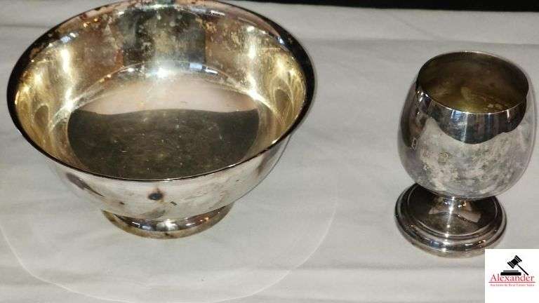 MERIDIAN SILVERLATE PEDESTAL CUP - SHERIDAN SILVERPLATE BOWL WITH RAISED BASE - CAMILLE INTERNATIONAL SILVER COMPANY 6048 - SERVING BOWL 6 1/2" WIDE X 7 1/2" LONG - ROSES PATTERN - (CHINA CABINET, ENTRANCE FOYER)