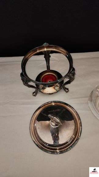 SILVERPLATE ORNATE STAND - 3 LEGS AND FEET - LID - GLASS PYREX INSERT - FONDUE TYPE STAND - (KITCHEN CABINET)