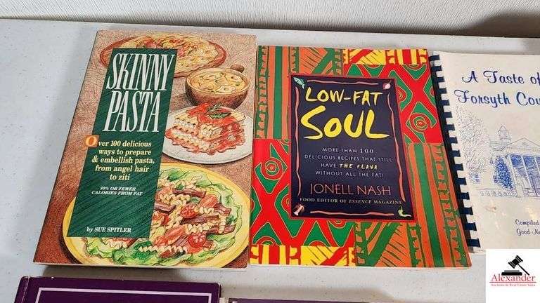 COOK / RECIPE BOOKS - SKINNY PASTA OVER 100 DELICIOUS WAYS TO PREPARE AND EMBELLISH PASTA FROM ANGEL HAIR TO ZITI - LOW FAT SOUL MORE THAN  DELICIOUS RECIPES THAT STILL HAVE THE FLAVA WITHOUT ALL THE FATS BY JONELL NASH - THE TASTE OF FORSYTH COUNTY - THE FRUGAL GOURMET'S CULINARY HANDBOOK BY JEFF SMITH AND CRAIG WOLLAM - UPPER CRUST A SLICE OF THE SOUTH - .. LET'S COOK ST. PAUL CHRISTIAN ACADEMY - THE AMAZING INGERDIENT MAYONNAISE - SWEET CELEBRATIONS - MASSEE'S WINE - FOOD INDEX BY WILLIAM E. MASSEE - (TRAILER)
