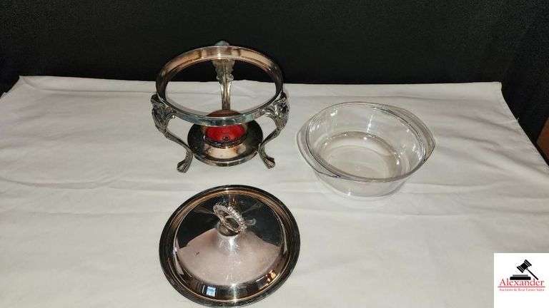 SILVERPLATE ORNATE STAND - 3 LEGS AND FEET - LID - GLASS PYREX INSERT - FONDUE TYPE STAND - (KITCHEN CABINET)