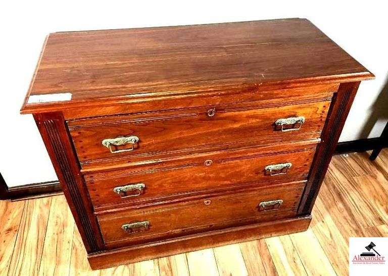 ANTIQUE DRESSER BASE - 39 1/2" WIDE X 18" DEEP X 33 1/2" TALL - THREE DRAWERS - BRASS PULLS  (MASTER BATH)