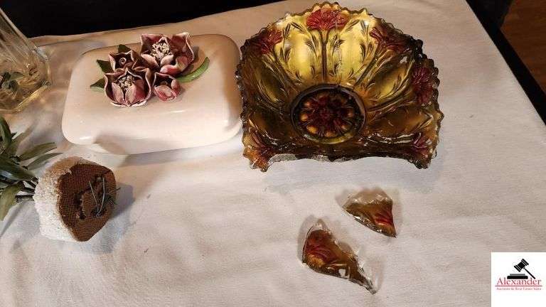 RUBBER LEAF FLOWERS - WOOD CANDLE STAND - DRESSER BOX WITH APPLIED FLOWERS - ONE LEAF BROKEN OFF - VASE WITH LADY - CLEAR GLASS VASE - GOOFUS GLASS BOWL NEEDS REPAIR RIM BROKEN - (GREAT ROOM CABINETS)