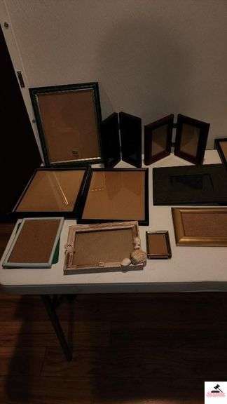 (14) FRAMES - DECORATIVE FRAMES - GOLD, BLACK, BROWN FRAMES - TWO FOLDING PORTRAIT FRAMES - (MASTER BATHROOM CLOSET)