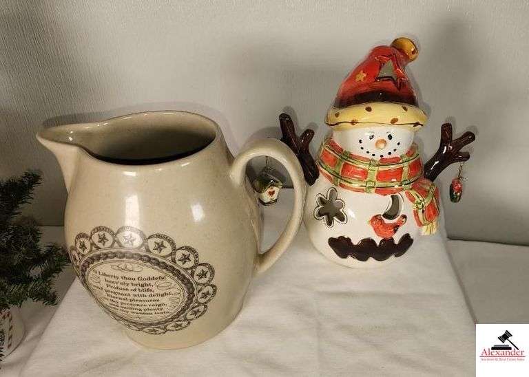 PIGEON FORGE POTTERY PITCHER - COMMERATING THE 200THANNIVERSARY - SEPT. 10TH 1974 - HANDPAINTED SNOWMAN DECORATIVE CANDLE HOLDER - TREE IN A CUP WITH UT ORNAMENTS AND TREE TOPPER NATIONAL CHAPINSHIP FIESTA BOWL PIN - (DEN)