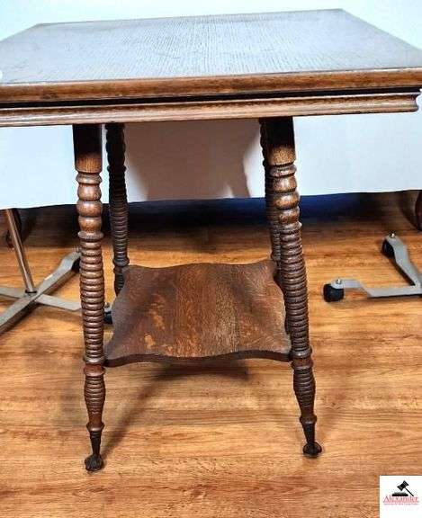 ANTIQUE OAK LAMP TABLE - 2 FT.  X 2 FT. - 4 TURNED LEGS - SOLID EXPANDER - 4 BRASS CLAW & BALL FEET - VENEER BUBBLED SLIGHTLY - ( GREAT ROOM)