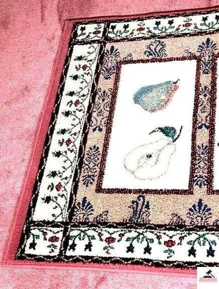 AREA RUG - 39" X 56 3/4" LONG - TIGHT WEAVE - PINK RED, 3 FRUIT PATTERN - PEARS, CHERRIES, APPLES (NW BEDROOM)
