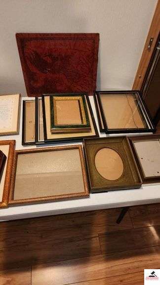 (15) FRAMES - STORAGE CHEST WITH PORTRAIT FRAMES ON TOP -  GOLF CAR FRAME - STITCHED FRAME -  MISCELLANEOUS SIZES - (MASTER BATHROOM CLOSET)