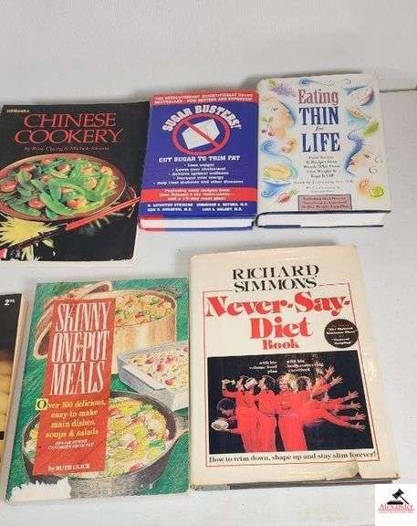 COOK / RECIPE BOOKS - CARIBBEAN COOKING - ORIENTAL COOK BOOK BETTER HOMES AND GARDENS - CHINESE COOKERY BY ROSE CHENG AND MICHELE MORRIS - SUGER BUSTERS CUT SUGAR TO TRIM FAT - EATING THIN FOR LIFE - WEIGHT WATCHERS QUICK START PLUS PROGRAM COOK BOOK - IN THE KITCHEN WITH ROSIE AND OPRAH'S FAVORITE RECIPES BY ROSIE DALEY - CHICKEN COOK BOOK SOUTHERN LIVING - SKINNY ONE POT MEALS OVER 100 DELICIOUS EASY TO MAKE MAIN DISHES, SOUPS, AND SALADS - NEVER SAY DIET BOOK BY RICHARD SIMMONS HOW TO TRIM DOWN, SHAPE UP, AND STAY SLIM FOREVER! - (TRAILER)