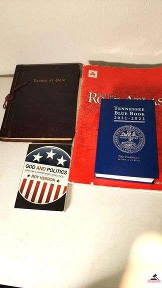 TENNESSEE BLUE BOOK 2021 -2022 - T.R.E. HARDY SEC. OF STATE - "GOD AND POLITICS" BY ROY HERRON PAPERBACK - "THE PRESIDENT IS MISSING" BILL CLINTON AND JAMES PATTERSON  - LEAVES OF GOLD - ROAD ATLAS (DEN)