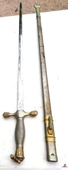 WOLF BROWN W.B. SWORD - STAINLESS - GERMANY & METAL SHEATH  - SHOWS RUST & WORN - SWORD IN GOOD CONDITION FOR AGE - HANDLE HAS EAGLE HEAD