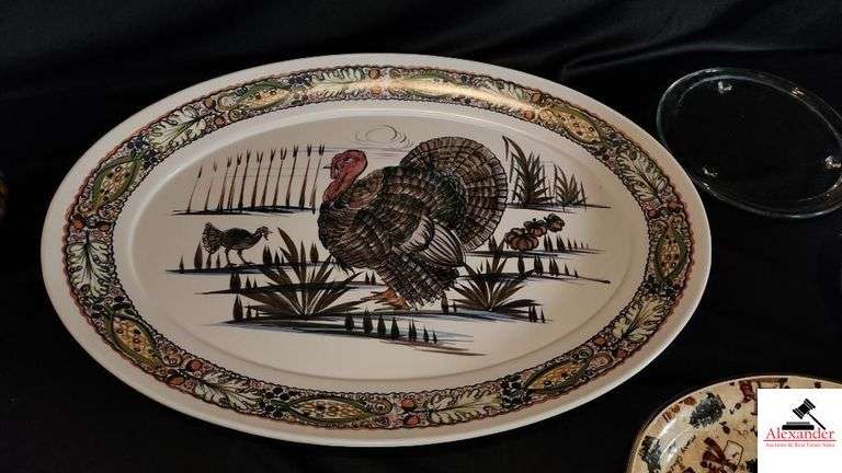 TURKEY SERVING PLATTER WITH TURKEY DESIGN - GRAVY BOAT, HANDLE CRACKED, CHIPPED ON EDGE - CHRISTMAS TRAY - AMBER ASHTRAY - VINTAGE BROWN ASHTRAY - GLASS TRIVET - (UTILITY ROOM)