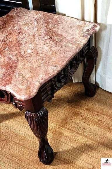 SIDE TABLE WITH PINK MARBLE TOP - ORNATE BASE  - BALL AND CLAW FEET - ROUND CORNERS, SCALLOPPED EDGES - CARVED OGG LEGS - 21 1/2" WIDE X 22 3/4" DEEP X 18" TALL - (GREAT ROOM)