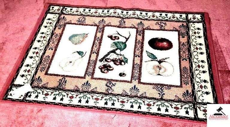 AREA RUG - 39" X 56 3/4" LONG - TIGHT WEAVE - PINK RED, 3 FRUIT PATTERN - PEARS, CHERRIES, APPLES (NW BEDROOM)