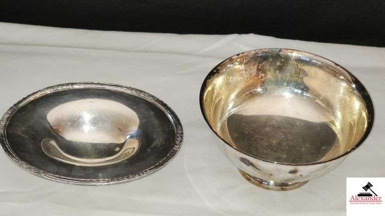 MERIDIAN SILVERLATE PEDESTAL CUP - SHERIDAN SILVERPLATE BOWL WITH RAISED BASE - CAMILLE INTERNATIONAL SILVER COMPANY 6048 - SERVING BOWL 6 1/2" WIDE X 7 1/2" LONG - ROSES PATTERN - (CHINA CABINET, ENTRANCE FOYER)
