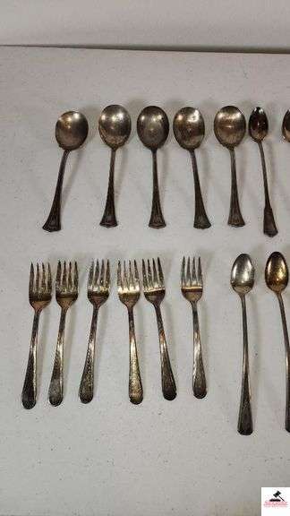 (24) TOTAL PCS. - (5) SUGAR SHELLS - (4) ICE TEA SPOONS - (6) SALAD FORKS - (2) ICE TEA SPOONS -  PICKLE FORK - BUTTER KNIFE - TEA SPOON - SERVING FORK - ETC. - (MAPLE HUTCH GREAT ROOM)