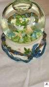 SAN FRANCISCO MUSIC BOX CO. CIRCA 1992 MUSIC SNOWGLOBE LOVEBIRDS BLUE AND WHITE - WOOD BASE SNOWGLOBE - BOTH PLAY MUSIC - (NW BEDROOM)
