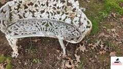 (2) WHITE WROUGHT IRON BENCHES - 36" WIDE - TWO LEGS BROKEN ON ONE - NEEDS REPAIR - (BEHIND SHED)