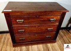 ANTIQUE DRESSER BASE - 39 1/2" WIDE X 18" DEEP X 33 1/2" TALL - THREE DRAWERS - BRASS PULLS  (MASTER BATH)